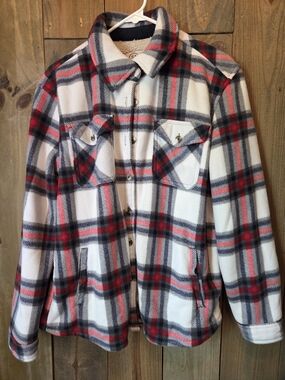 White Plaid Button-Up Shacket with Red & Gray Accents